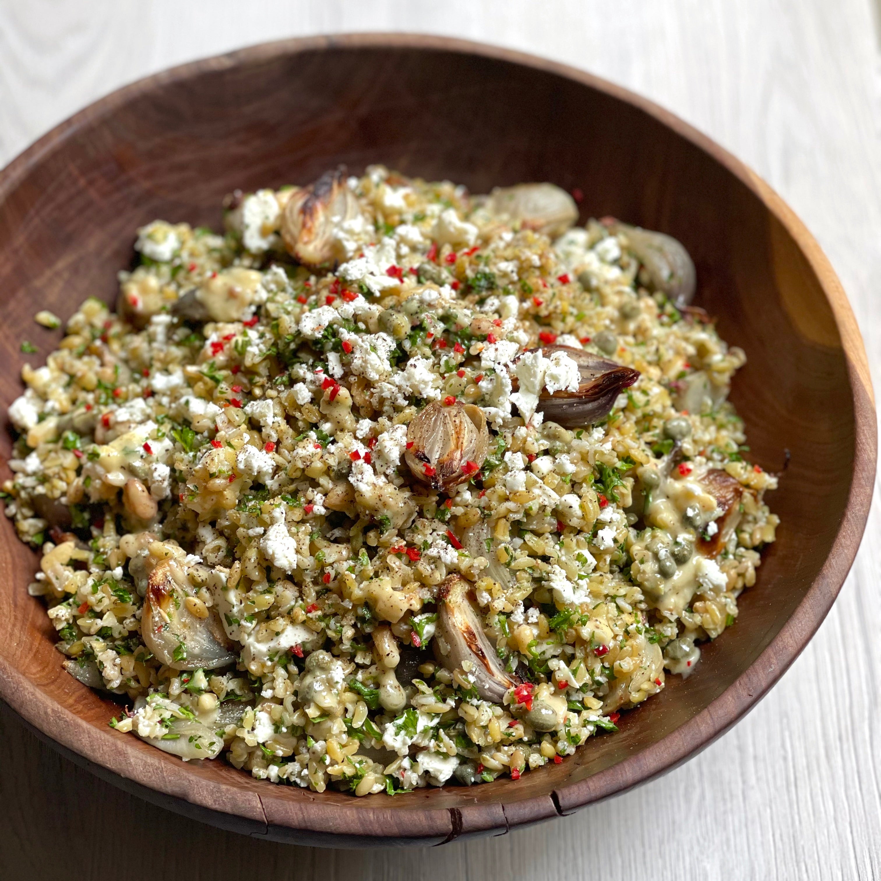 Freekeh salad with roasted shallots – Aspall